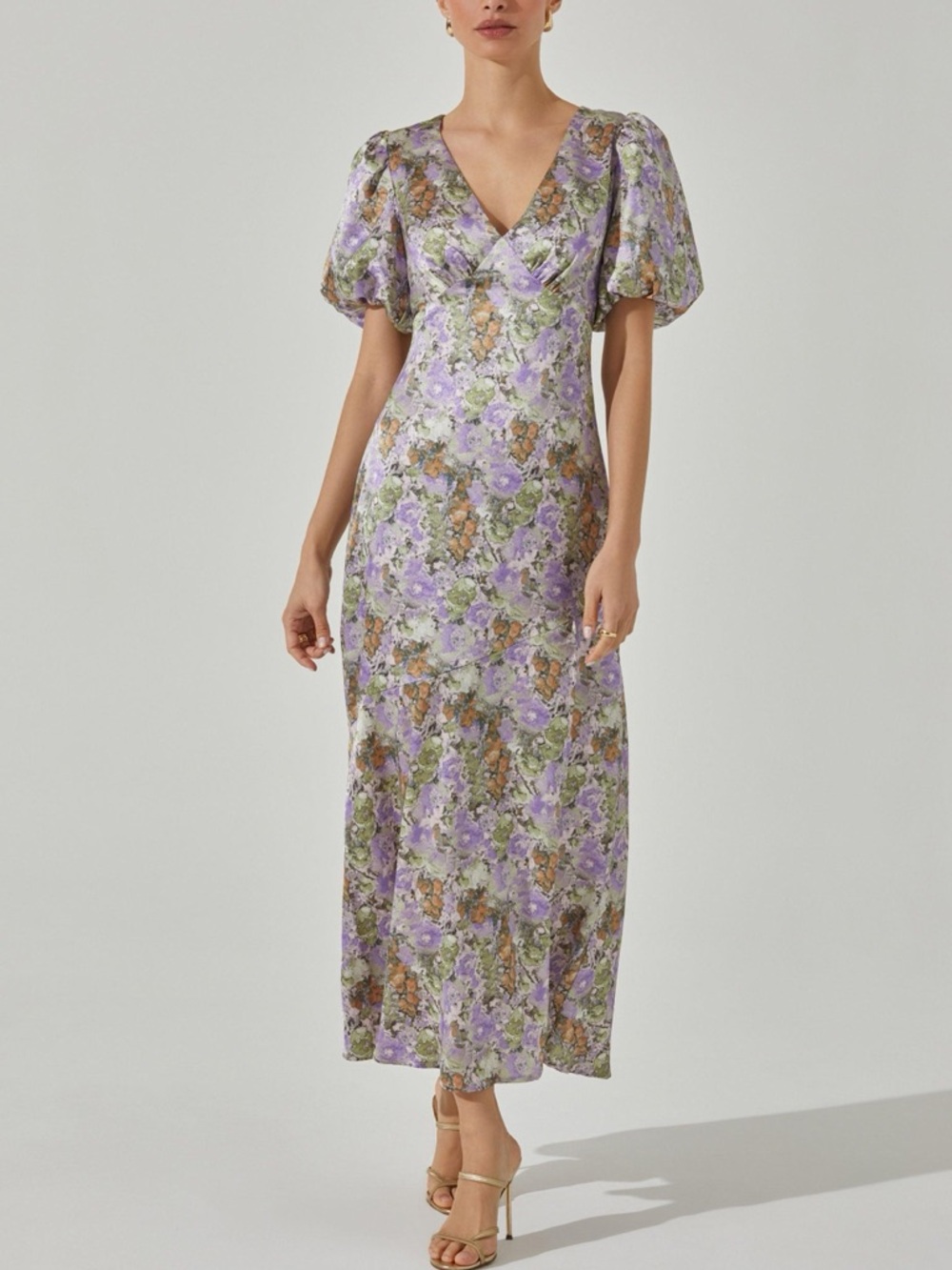 Astr The Label Floral Puff Sleeve Satin Maxi Dress